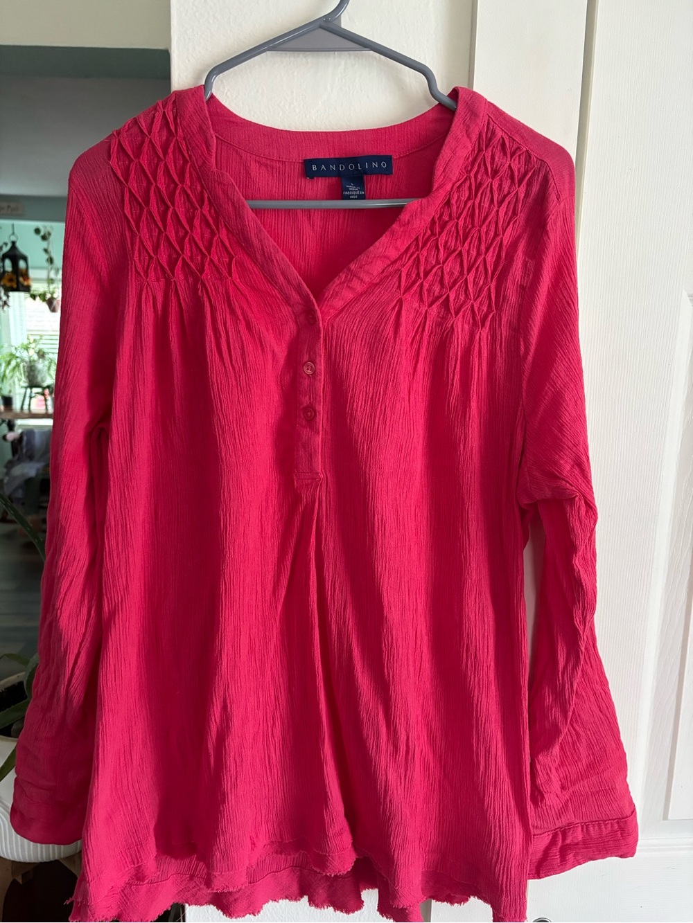 Bandolino Bright Pink Long-Sleeve Smocked V-Neck Tunic